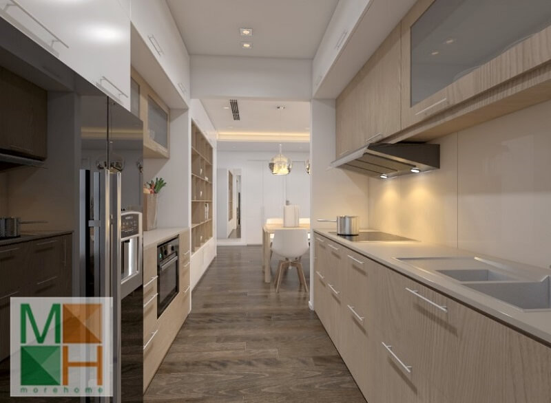 Mẫu thiết kế hệ tủ bếp gỗ tiện nghi sử dụng gỗ công nghiệp An Cường cao cấp màu sáng mang đến vẻ đẹp cho phòng bếp Thiết kế tủ bếp đẹp