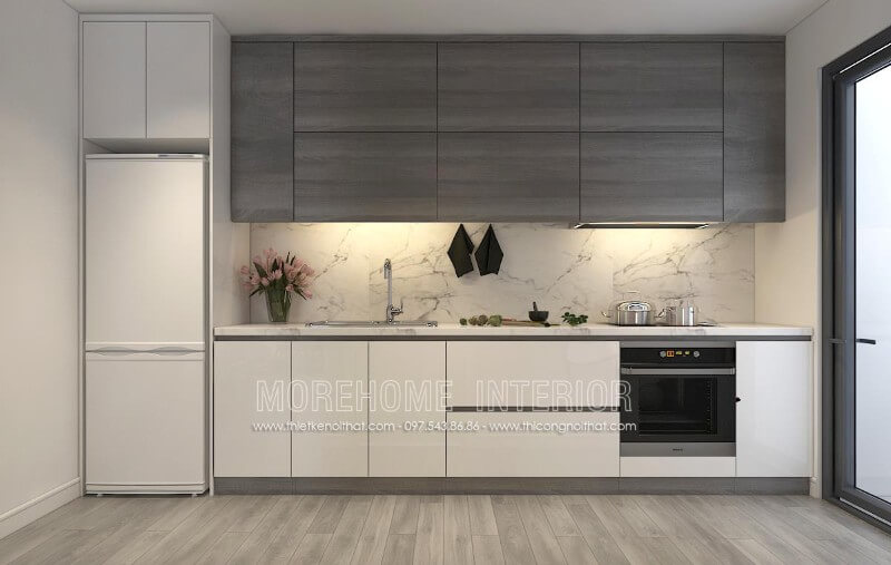 Mẫu thiết kế tủ bếp cho căn hộ chung cư kiểu dáng chữ i nhỏ gọn kết hợp chất liệu acrylic chủ đạo tạo không gian thoáng đãng hơn Thiết kế tủ bếp đẹp