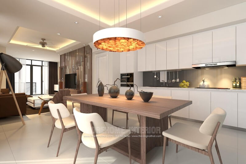 Thiết kế tủ bếp hiện đại đẹp liền kề với khu vực ăn uống, đáp ứng được cho gia chủ những bữa ăn ngon miệng và nhanh chóng Thiết kế tủ bếp đẹp