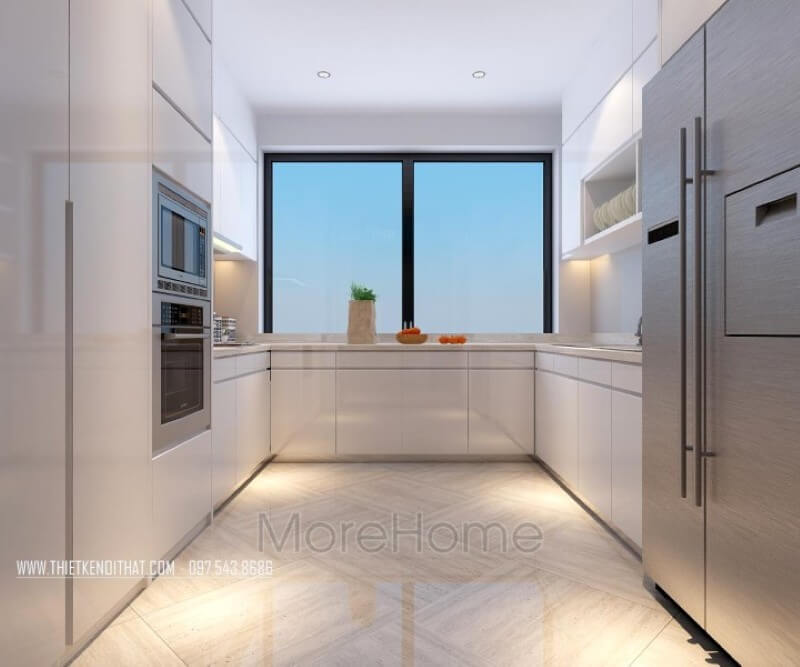 Nội thất phòng bếp chung cư hiện đại và tinh tế với tone màu trắng chủ đạo ấn tượng Thiết kế phòng bếp, tủ bếp đẹp