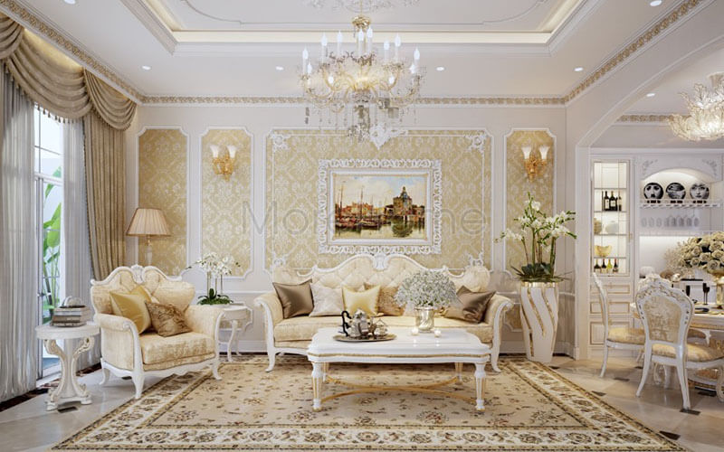 Thiết kế nội thất phòng khách theo phong cách tân cổ điển tạo nên một không gian ngôi nhà hết sức tinh tế và không kém phần sang trọng Thiết kế nội thất phòng khách biệt thự