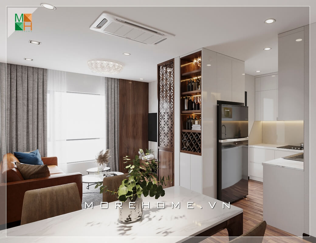 Thiết kế nội thất không gian nhà phố, chung cư đơn giản phong cách hiện đại. Phòng khách liền phòng ăn và phòng bếp, có tính liên kết hài hòa và tiện lợi phù hợp với không gian nhà có diện tích hạn chế. Thiết kế nội thất phòng khách biệt thự