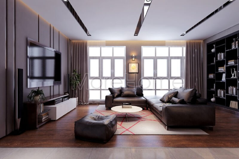 Kệ ti vi phòng khách hiện đại được coi như là điểm nhấn ấn tượng hơn cho không gian tiếp khách của gia chủ Bố trí nội thất chung cư