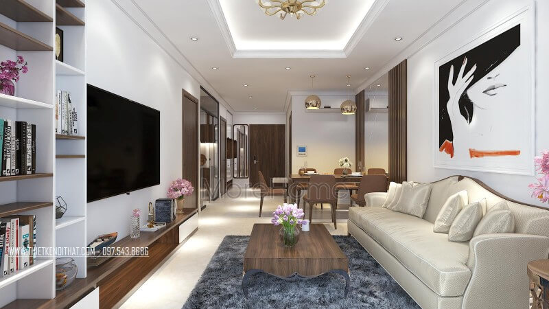 Thiết kế nội thất phòng khách không cầu kì với mảng tường chỉ có chiếc kệ tivi và kệ trang trí bên cạnh cửa sổ cũng làm cho căn phòng hoàn hảo. Bố trí nội thất chung cư