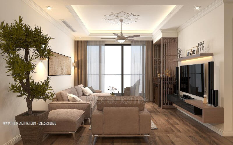 Hệ kệ tivi gỗ công nghiệp trong không gian này được thiết kế đơn giản nhưng đáp ứng đầy đủ công năng và thẩm mỹ Bố trí nội thất chung cư