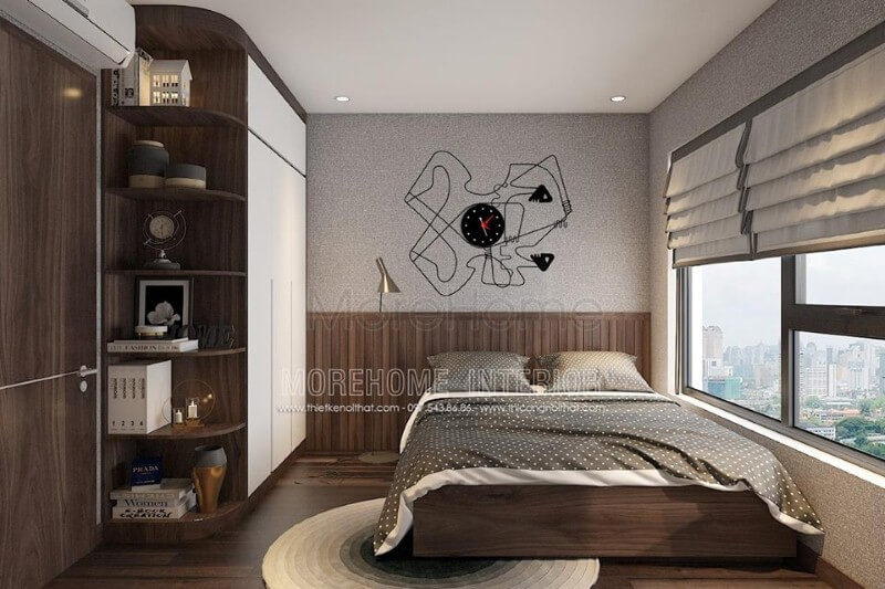 Đồng hồ lạ mắt với thiết kế độc đáo tạo điểm nhấn mới lạ cho phòng ngủ hiện đại. Bố trí nội thất chung cư
