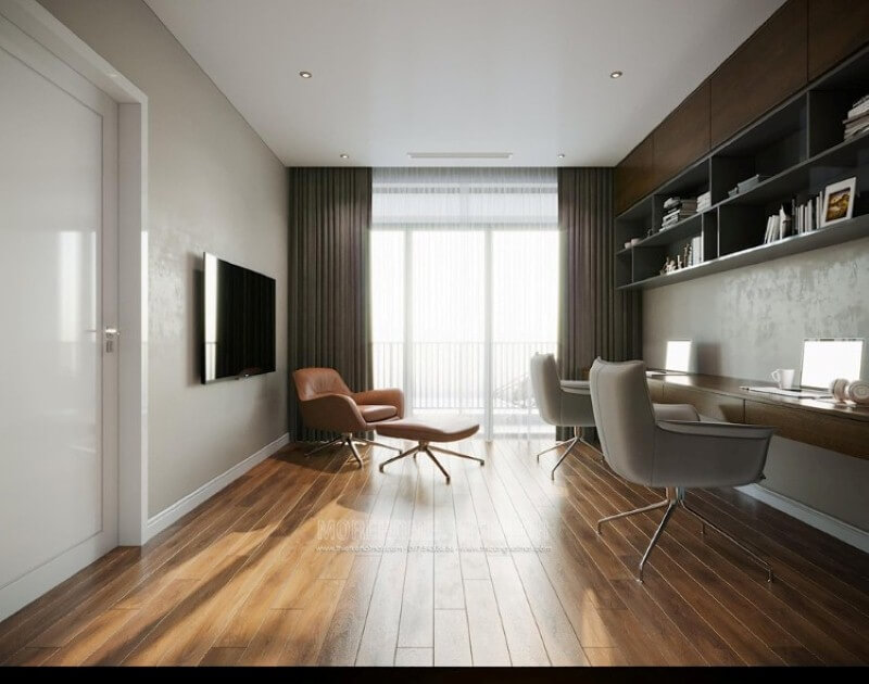 Trang trí phòng học ấn tượng với nội thất gỗ sang trọng từ kệ ốp tường gỗ óc chó cao cấp, bàn học và sàn lát gỗ ấn tượng. Mẫu thiết kế nội thất chung cư đẹp