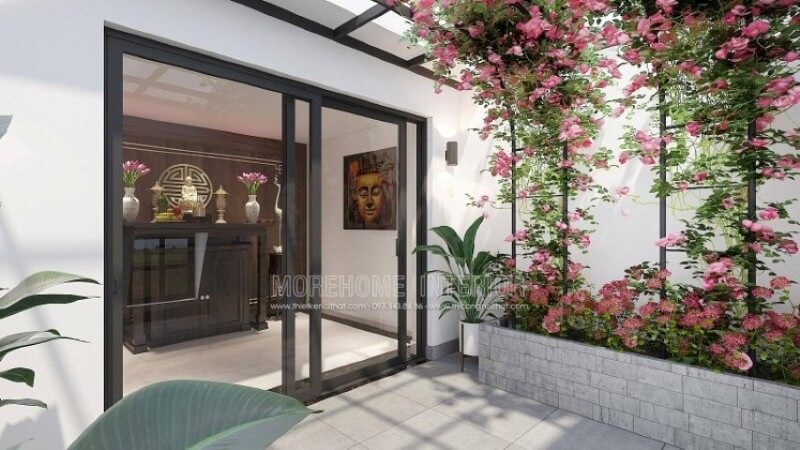 Morehome xin giới thiệu ý tưởng thiết kế phòng thờ thờ Phật Quan Âm trên đây với tủ thờ bằng gỗ óc chó cao cấp kết hợp cùng tấm gỗ ốp tường với trọng tâm chữ Thọ tọa điểm tinh tế có phía trước hướng ra vườn hoa tuyệt đẹp sẽ là gợi ý lý tưởng cho không gian nhà phố, biệt thự. Mẫu thiết kế và thi công nội thất biệt thự