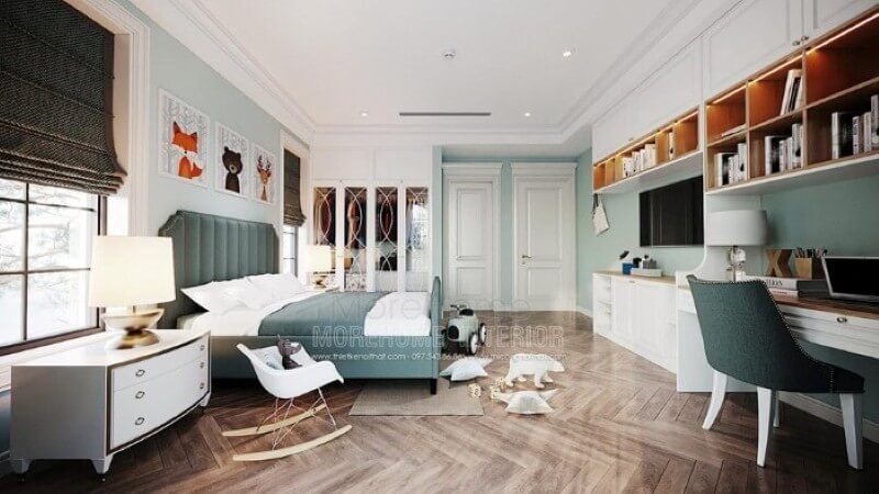 Trang trí nội thất phòng ngủ con đẹp, sinh động với giường ngủ bọc nệm, tab đầu giường đơn giản nhưng sang trọng cùng bộ tranh treo tường ngộ nghĩnh.