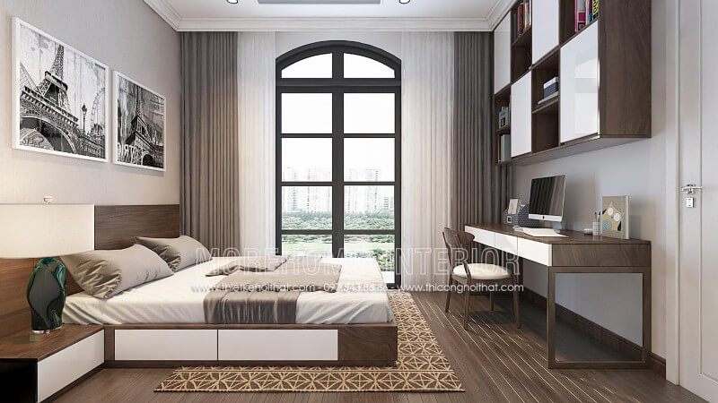Mẫu giường ngủ thông minh có ngăn kéo phía dưới được sơn trắng phối với màu nâu của sàn gỗ và các nội thất khác mang đến không gian ấm áp, lãng mạn cho phòng ngủ