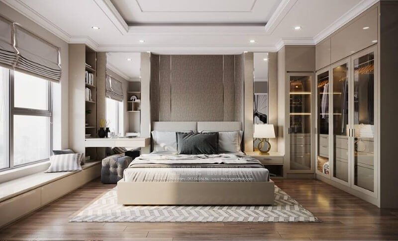 Hệ thống tủ quần áo, bàn trang điểm, kệ trang trí, tab bên giường cùng làm một chất liệu gỗ công nghiệp nhưng có sự kết hợp của gương kính tạo nên không gian phòng ngủ hiện đại sang trọng.
