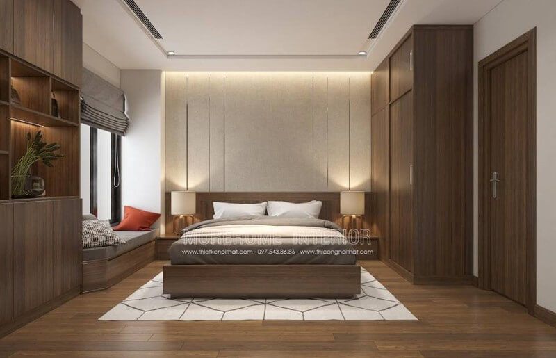 Nội thất phòng ngủ mang gam màu nâu trầm chủ đạo của gỗ vô cùng ấm áp và tạo sự dễ chịu cho giấc ngủ