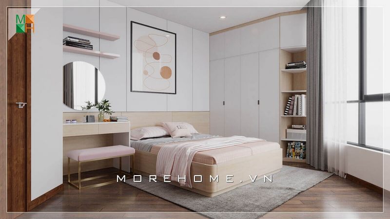 Mẫu phòng ngủ sử dụng gỗ công nghiệp cho nhà phố, chung cư phong cách hiện đại, với hệ tủ kịch trần âm tường gỗ acrylic, giường ngủ kết hợp cùng bàn trang điểm vừa tiện nghi vừa không chiếm quá nhiều không gian trong căn phòng