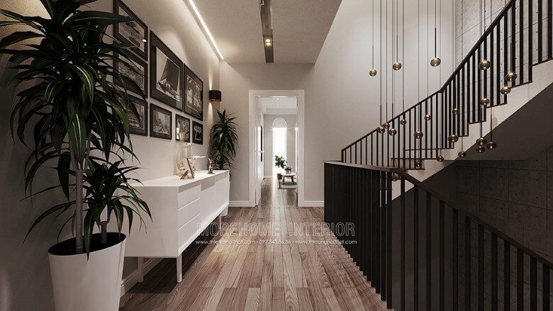 Thiết kế nội thất đẹp với mẫu cầu thang sắt hộp hiện đại, mặt bậc cầu thang gỗ sang trọng. Đem đến cho người sử dụng cảm giác an toàn, thoải mái.
