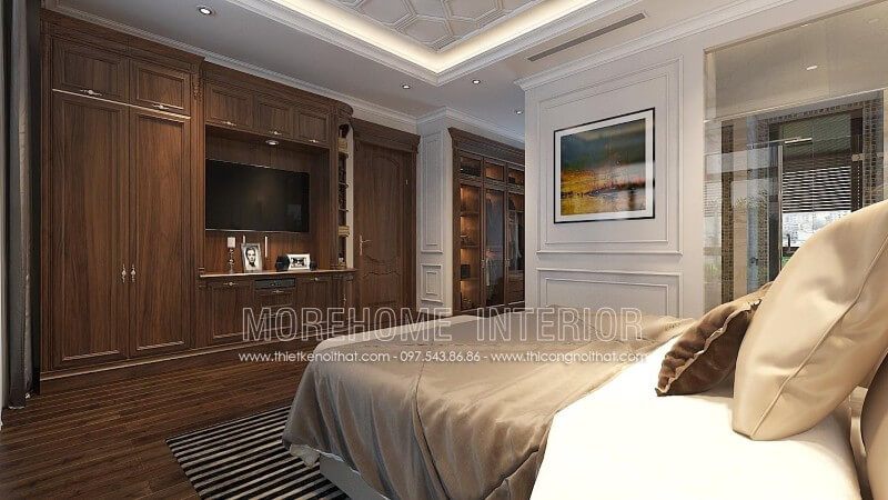 Một thiết kế nội thất phòng ngủ tân cổ điển gỗ óc chó độc đáo: tủ quần áo gỗ óc chó trong phòng ngủ được thiết kế liền với hệ tủ trang trí, tủ kệ tivi phòng ngủ.