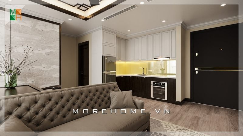 Thiết kế phòng bếp chung cư ấn tượng với nội thất gỗ tự nhiên cao cấp cùng những đường viền và tay nắm sang trọng và tiện nghi cho người nội trợ.