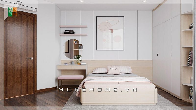 Nếu phòng ngủ của bạn không được rộng lắm, thì mẫu thiết kế phòng ngủ với đầy đủ nội thất cần thiết cho việc sinh hoạt nghỉ ngơi này của Morehome sẽ là lựa chọn tuyệt vời dành cho bạn