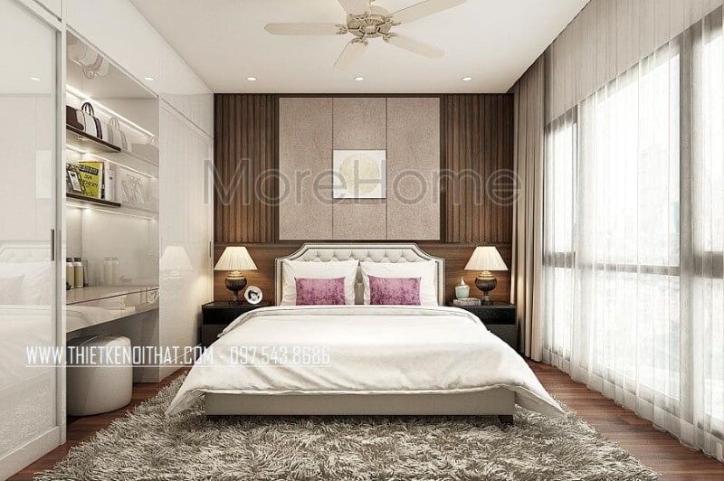 Giường ngủ bọc nệm kết hợp với tường trang trí từ nệm và gỗ óc chó ốp tường sẽ mang lại vẻ đẹp sang trọng, đẳng cấp cho phòng ngủ master.