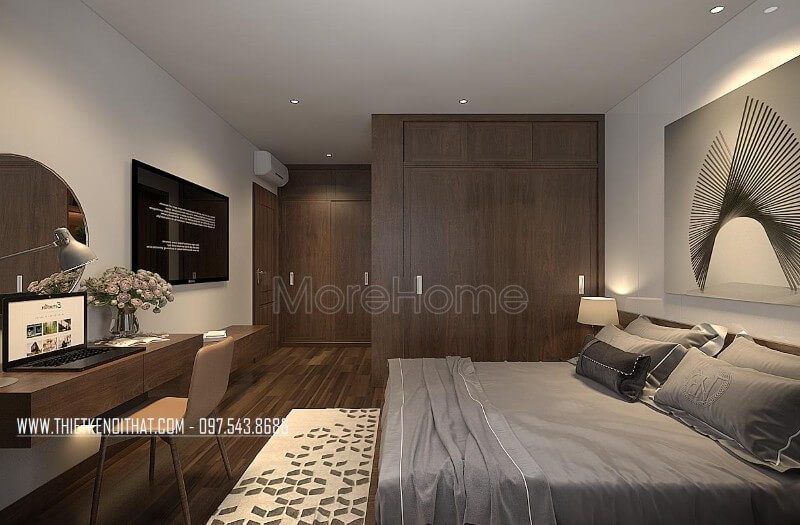 Thiết kế nội thất phòng ngủ căn hộ chung cư cao cấp được kiến trúc sư Morehome thiết kế hiện đại, chất mà đẳng cấp