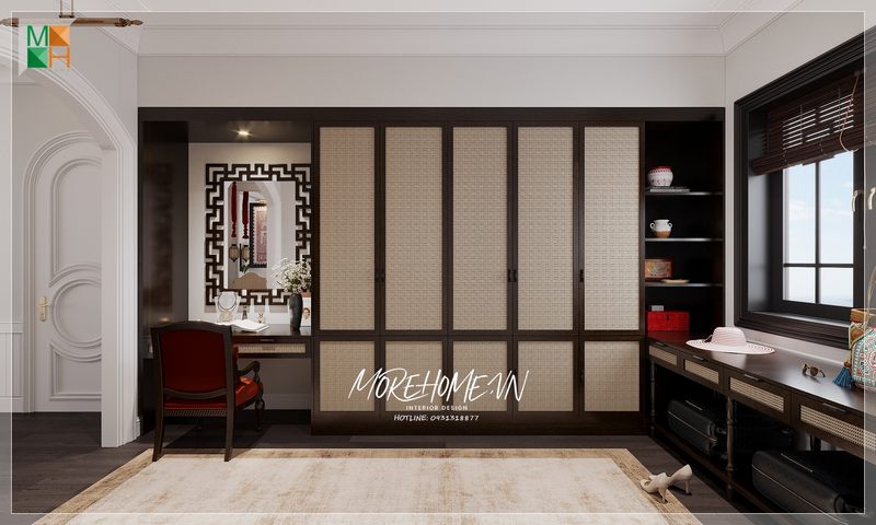 Mẫu thiết kế phòng ngủ có bàn làm việc với nội thất bằng gỗ tự nhiên phong cách Indochine